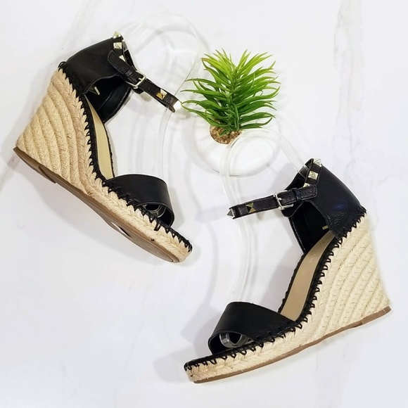 Marc Fisher Shoes - Marc Fisher Kicker Wedge Sandals Black Leather Stud Ankle Strap Espadrilles